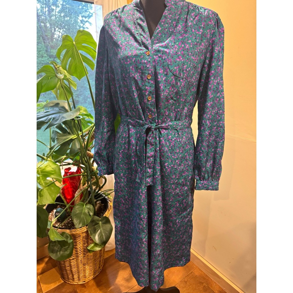 Vintage Schrader Sport Green Purple Floral Shirt Dress Button Belted Sz 14 Med